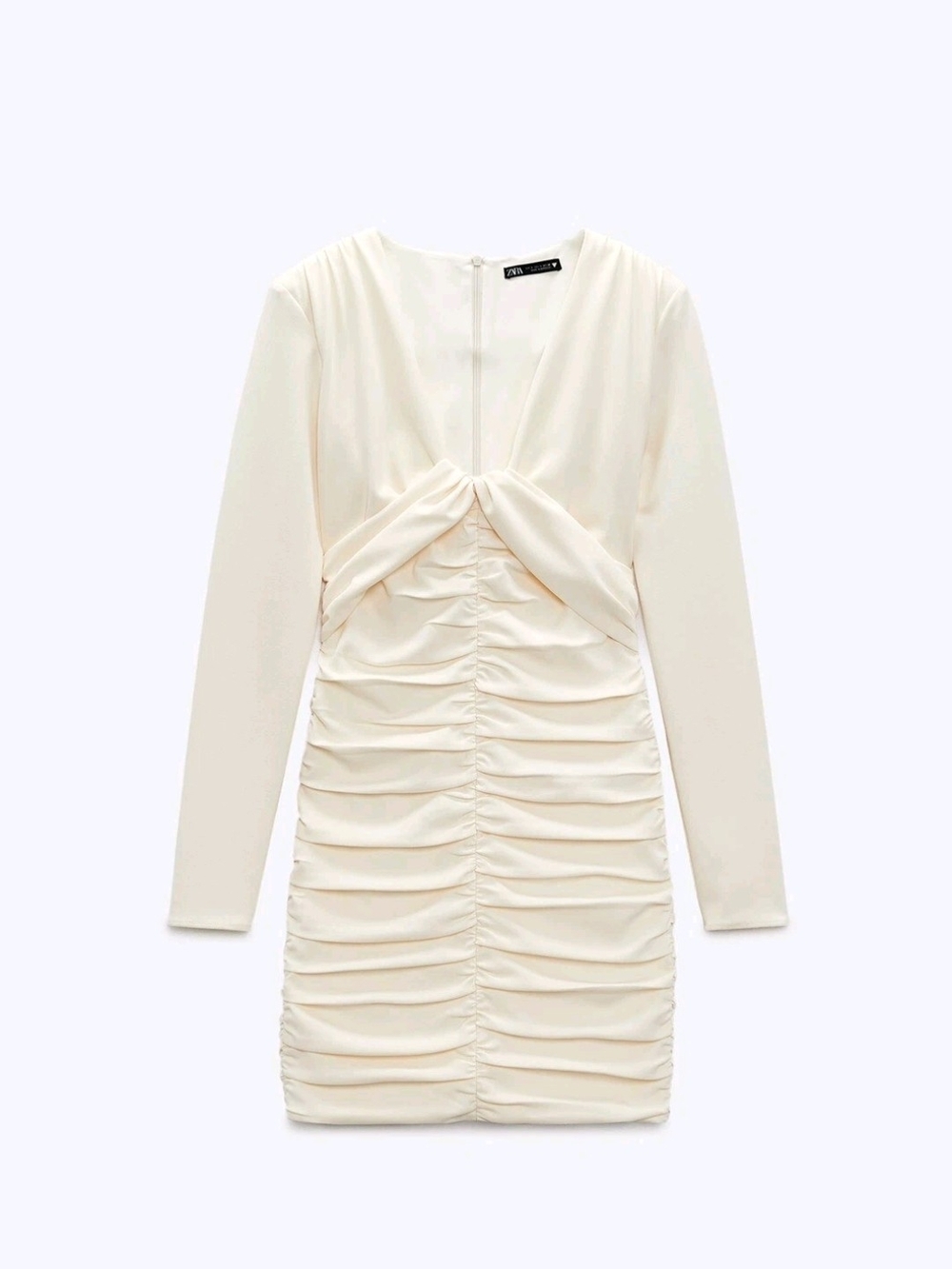 Zara Draped Cream Long Sleeve Ruched Mini Dress